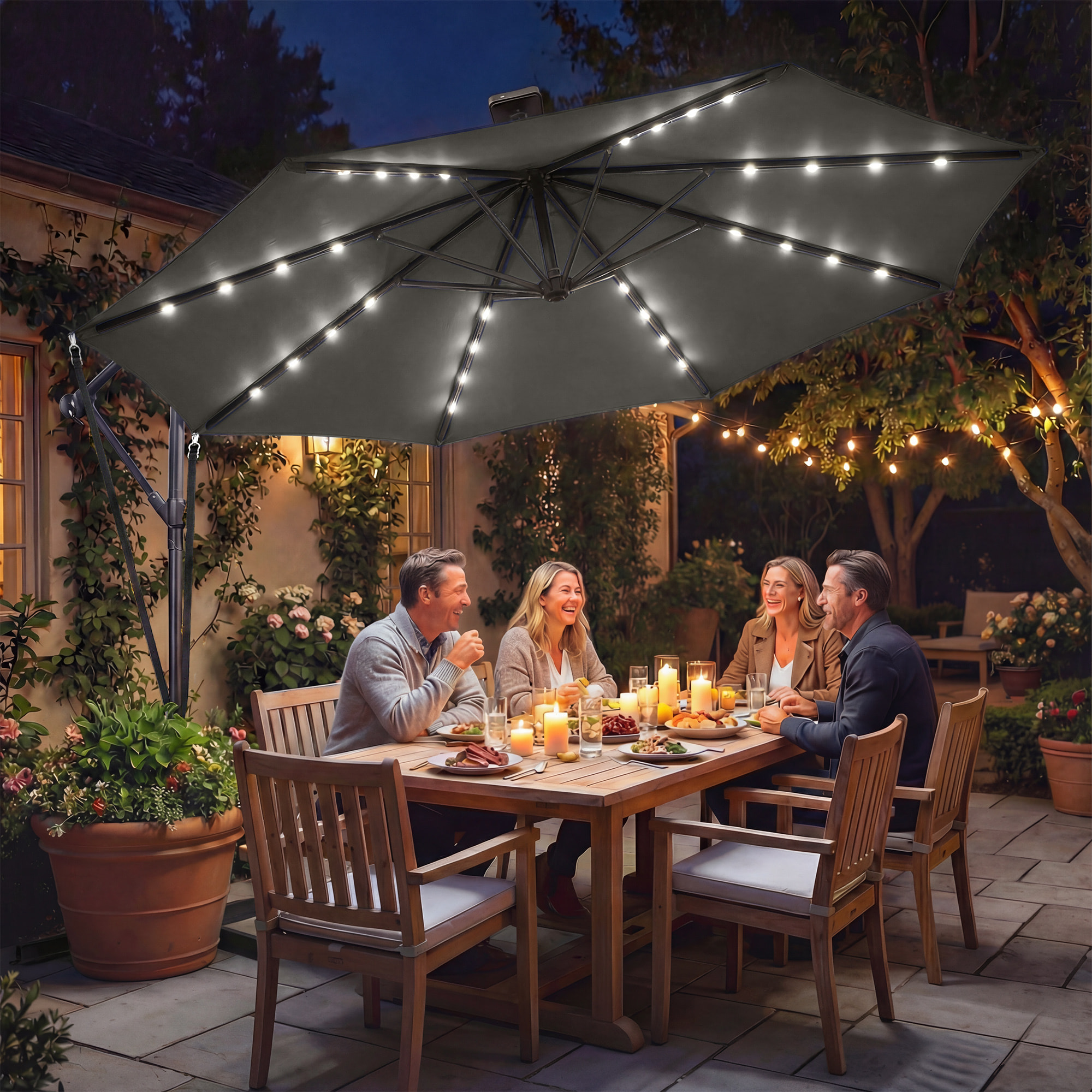 Parasol Excéntrico con Luces LED Solares, Ø345 cm, Sombrilla de Jardín de Aluminio con Base Cruzada, Manivela, Funda Protectora, Cuerdas de Viento, UPF50+, para Terraza, Patio, Gris Oscuro