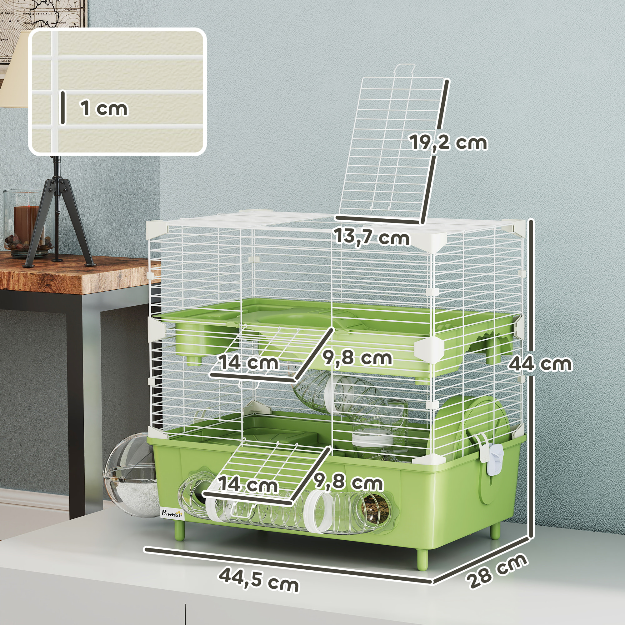 Cage pour hamster 2 niveaux roue sphère bac à sable tuyaux biberon eau dim. 44,5 x 28 x 44 cm blanc vert