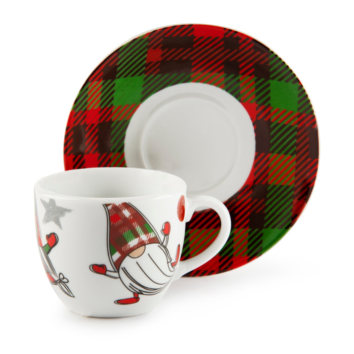 Confezione 6 tazze da caffè con piattini Excelsa – Tartan Gnome, Porcellana Multicolore