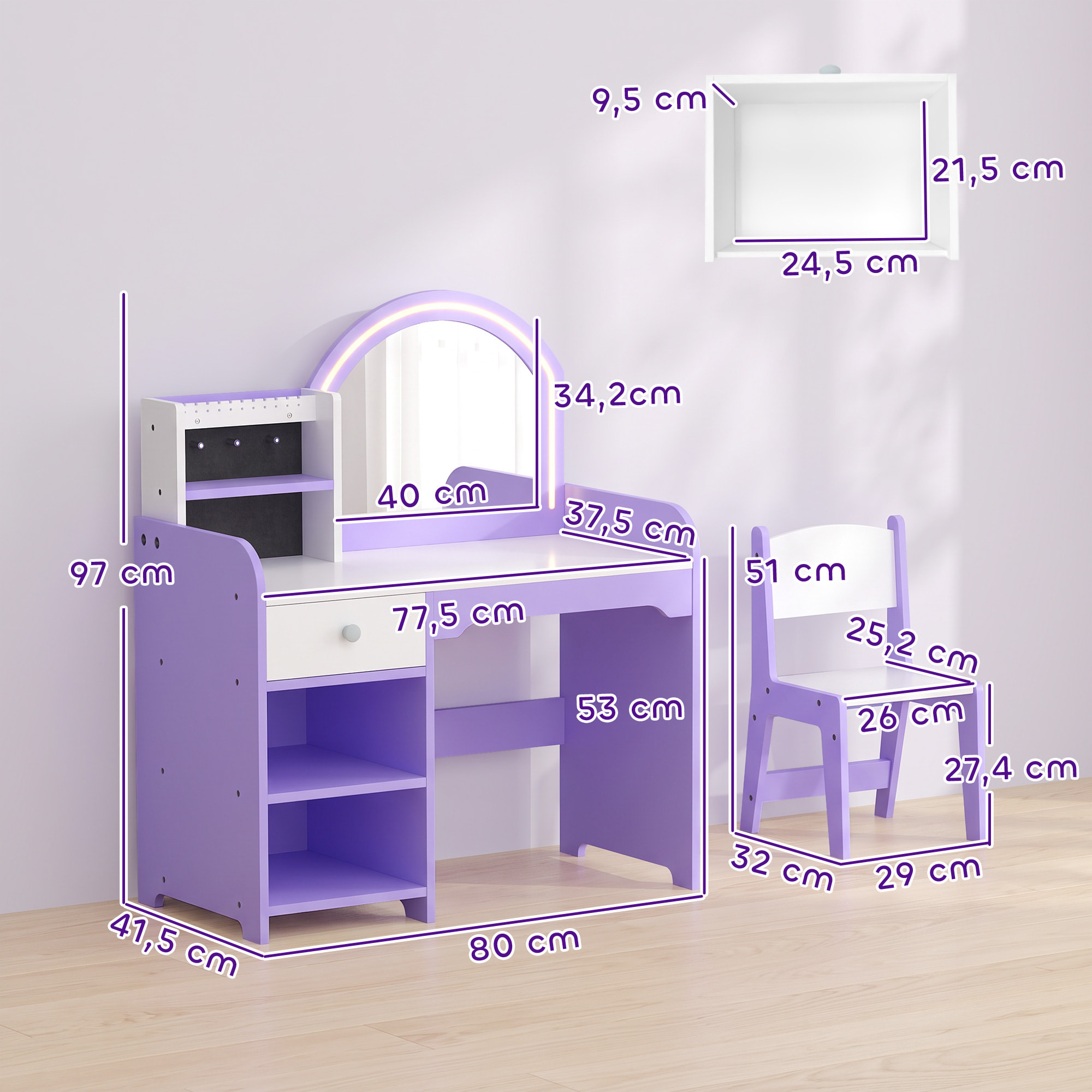 Coiffeuse enfant chaise miroir LED réglable multi-rangement violet