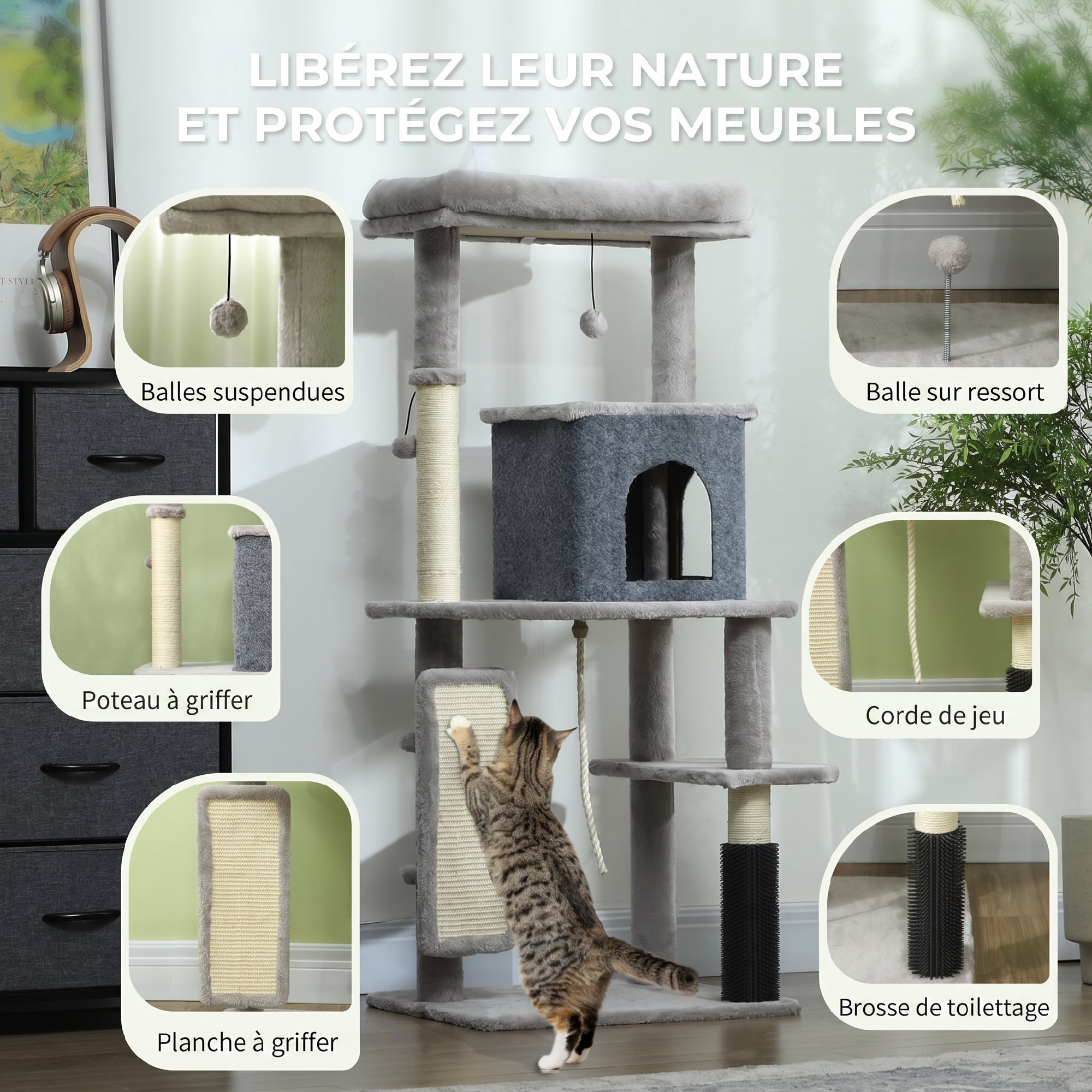 Arbre à chat design H.132cm bande massante griffoirs grattoirs nombreux jouets gris
