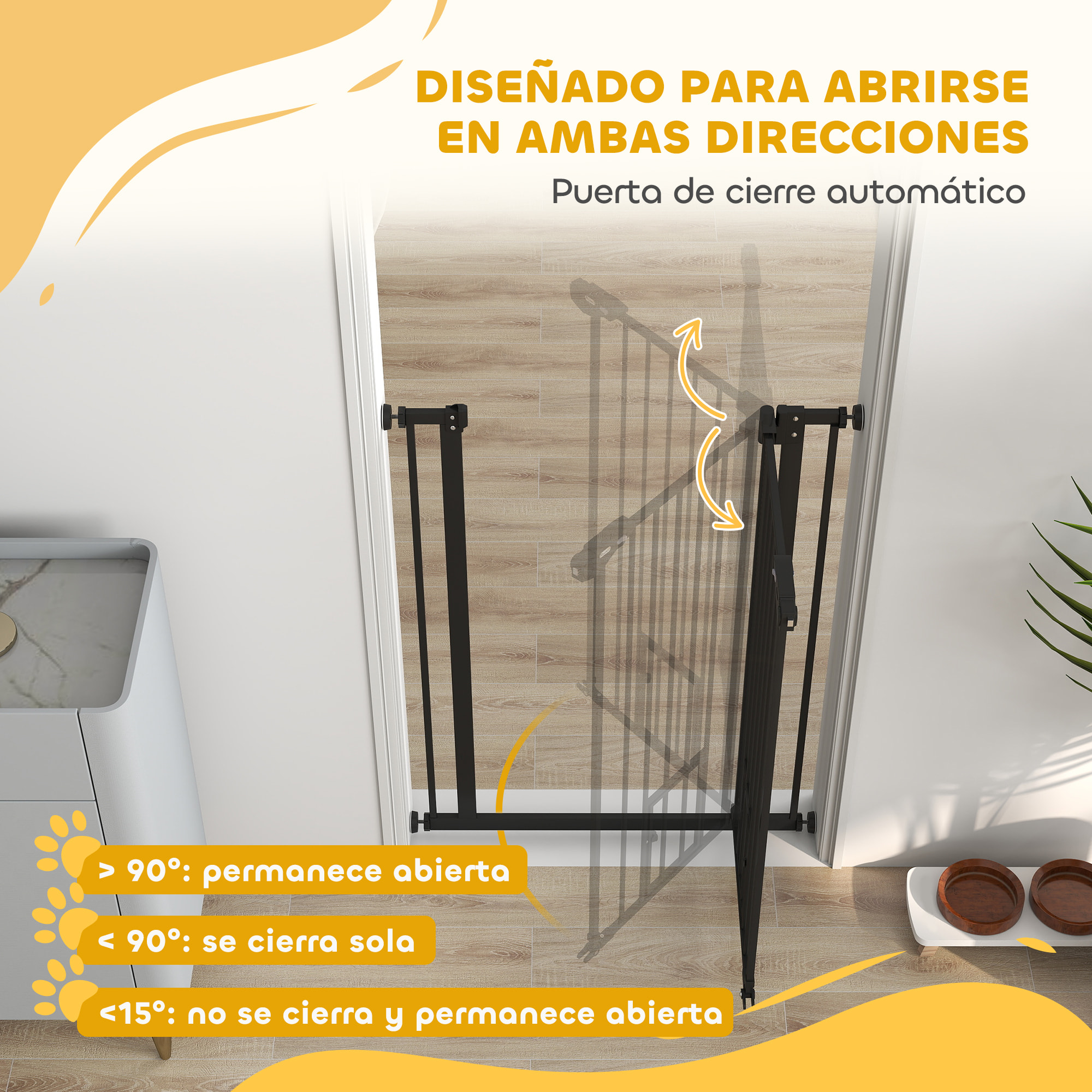 Barrera de Seguridad Perros Gatos con Puerta Pequeña 74-80x104,1 cm para Puerta Pasillo Escalera Barrera para Mascotas con Cierre Automático y Sistema de Doble Bloqueo Negro