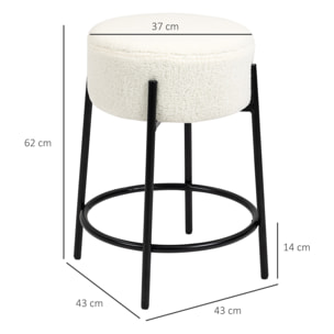 Lot de 2 tabourets de bar design - repose-pied - acier noir revêtement effet laine bouclée blanc