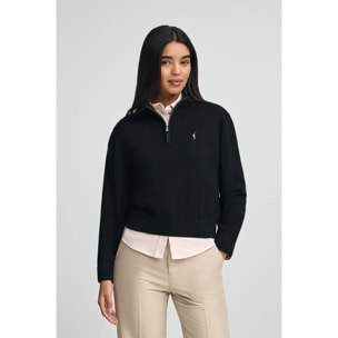 Maglione nero in misto lana con collo con mezza cerniera e ricamo Rigby Go