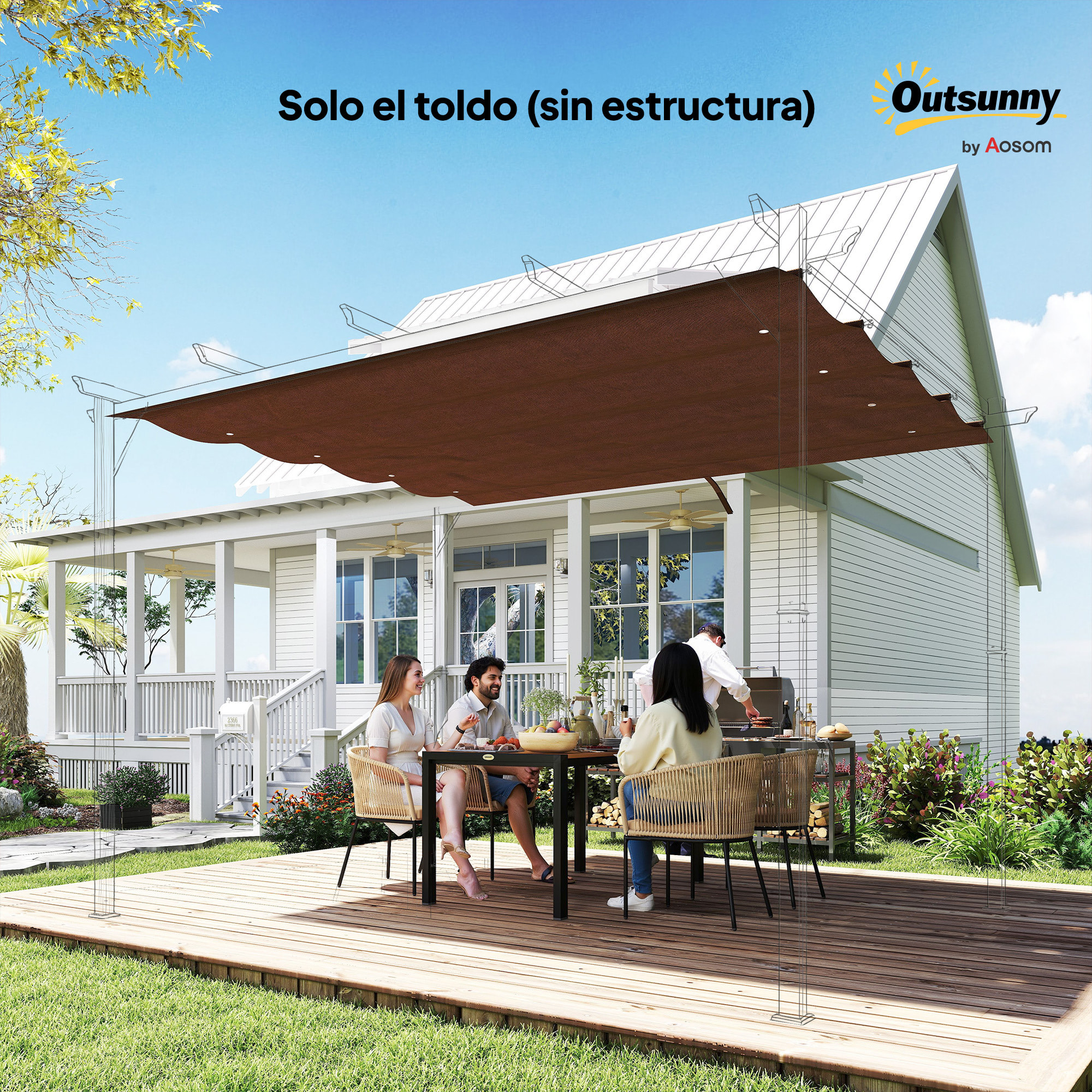 Techo de Pérgola 3x2,5 m, Techo de Repuesto Retráctil para Marco de Pérgola de 3x2 m, UV30+, Toldo de Tela Solo para Cenador Jardín con 8 Orificios de Drenaje, Café