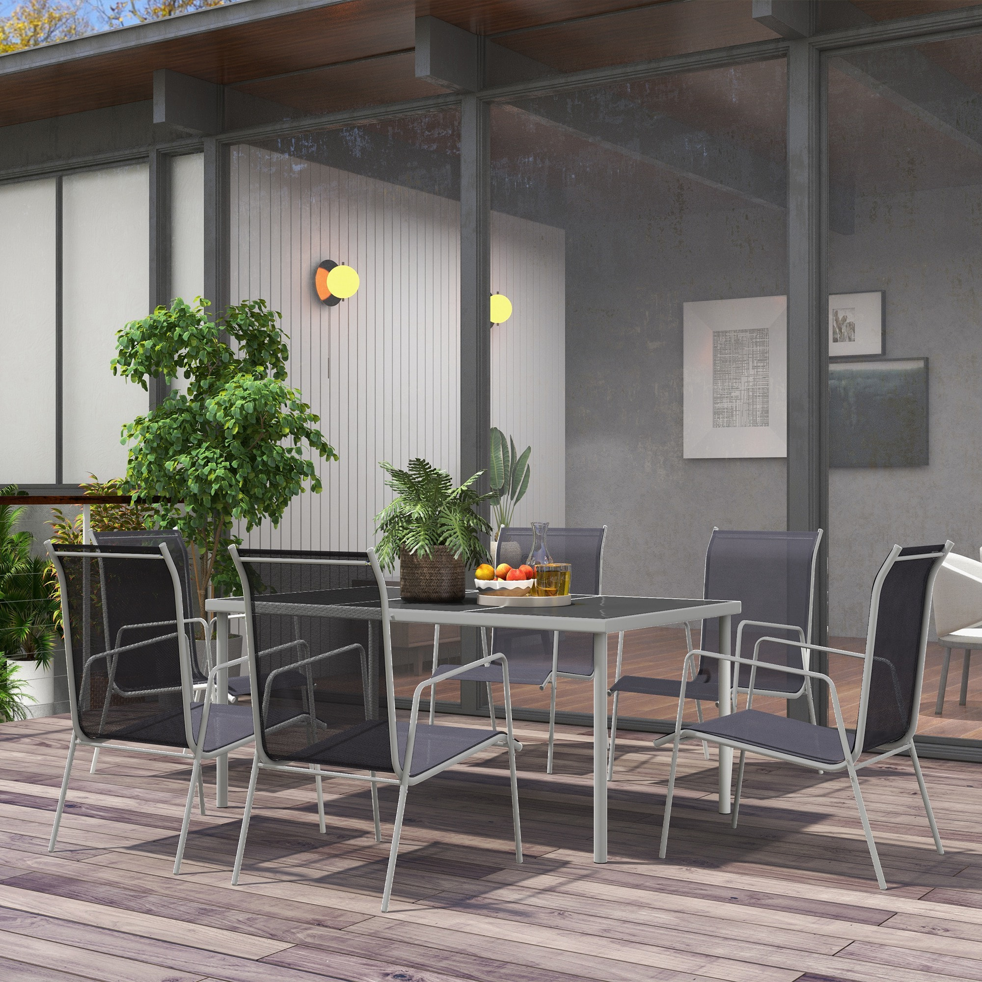 Conjunto de Comedor de Exterior Juego de Comedor de Jardín de 7 Piezas con 1 Mesa 6 Sillas Apilables y Marco de Acero para Terraza Patio Negro