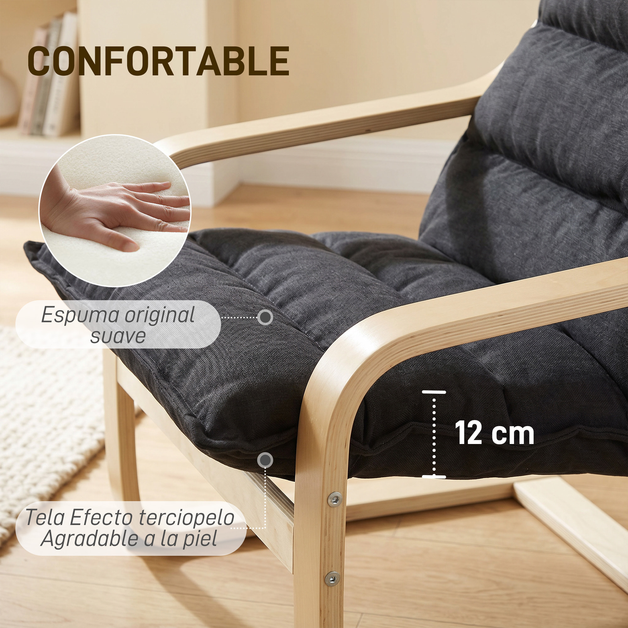 Sillón de Salón Moderno Butaca de Salón con Respaldo Alto Reposabrazos y Patas de Madera Tapizado en Terciopelo Butaca para Dormitorio Sala de Estar Negro