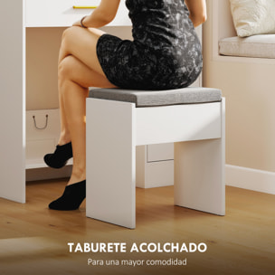 Tocador de Maquillaje con Luces LED y Taburete Tocador con Espejo 2 Colores 10 Bombillas Cajón Estantes Compartimentos Abiertos para Dormitorio Vestidor Blanco