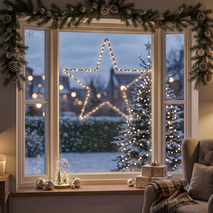 Estrella led blanco cálido con efecto cascada con 130 microled, 17 funciones con memoria, temporizador 60x58 cm