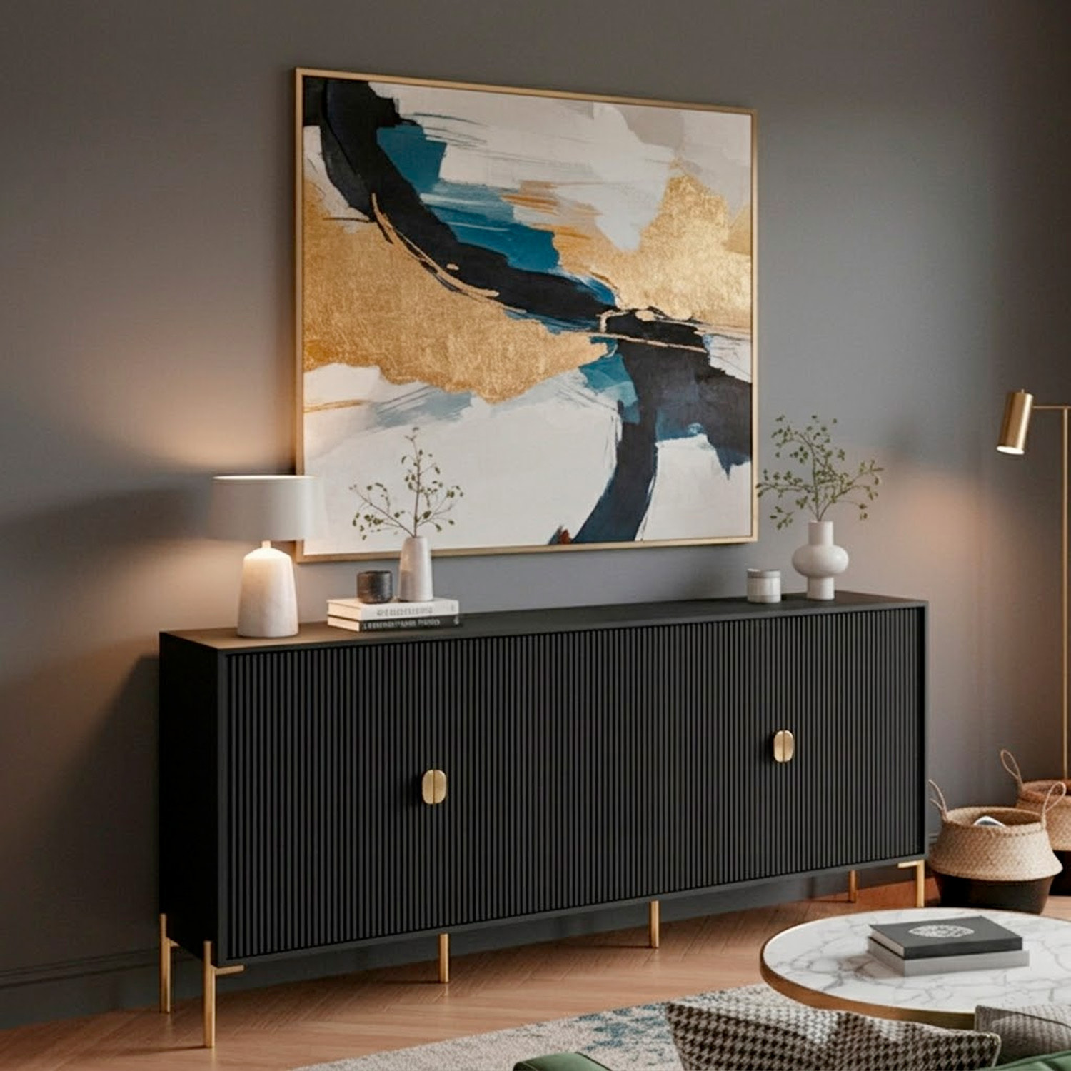 Madia Moderna Credenza In Melaminico Opaco Con 4 Ante E Piedini Alti Mobile Contenitore Design Soggiorno Salotto Sala Pranzo 203 x 49 x 87 Cm Nero