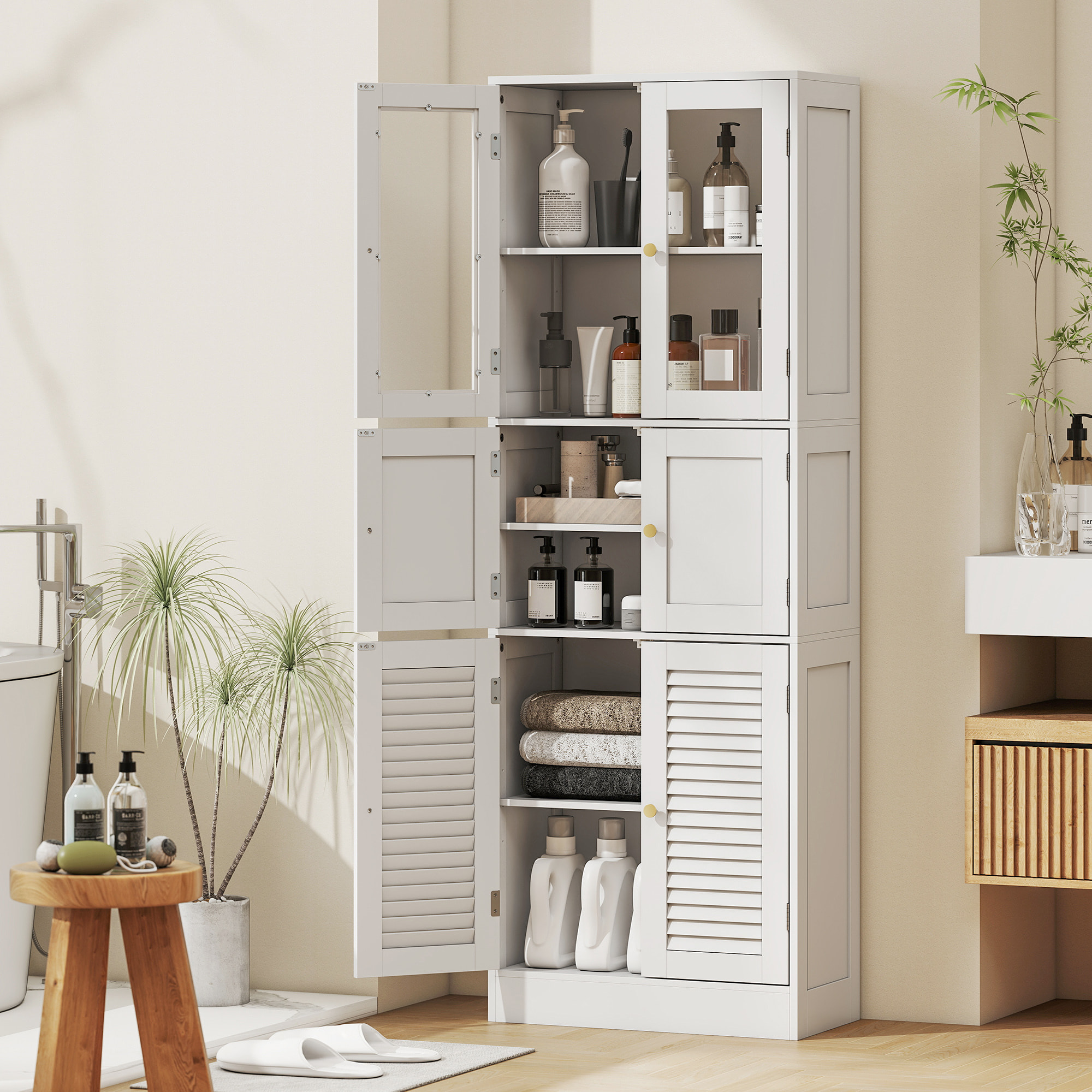 Armario de Baño Alto, Columna de Baño Estrecha con Puertas de Vidrio, Puertas de Lamas, Estantes Ajustables, 60x30x170 cm, Blanco