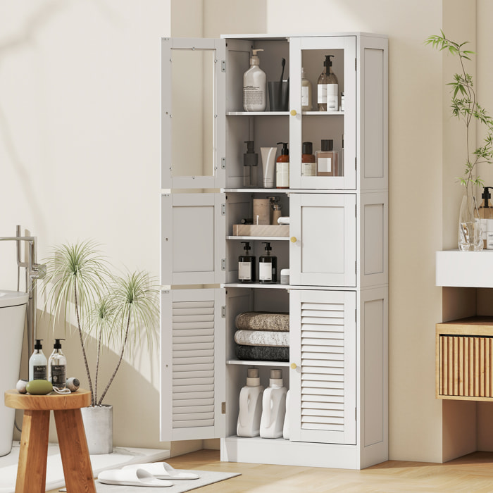 Armario de Baño Alto, Columna de Baño Estrecha con Puertas de Vidrio, Puertas de Lamas, Estantes Ajustables, 60x30x170 cm, Blanco