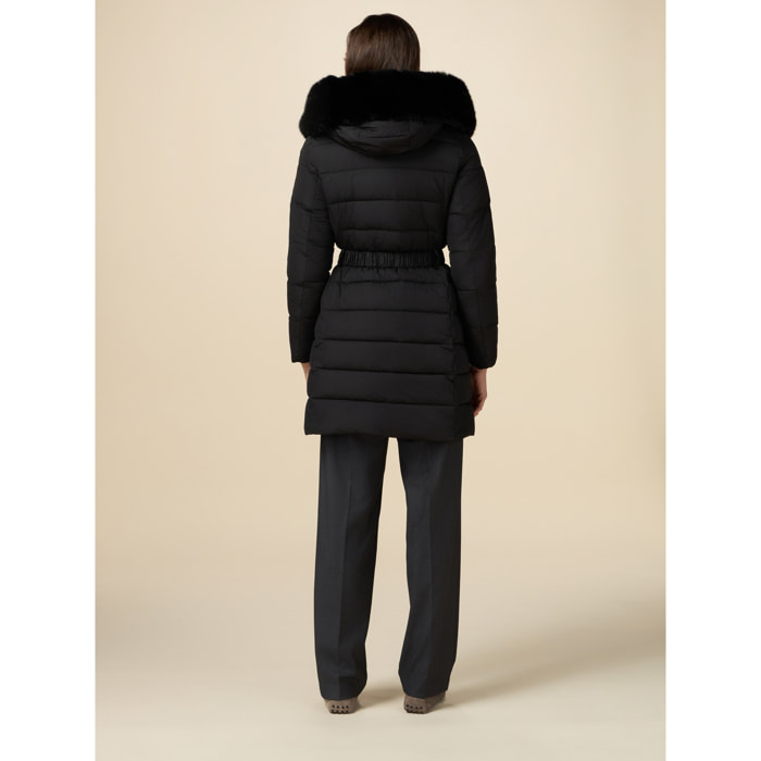 Oltre - Midi down jacket with belt and furry edge - Negro