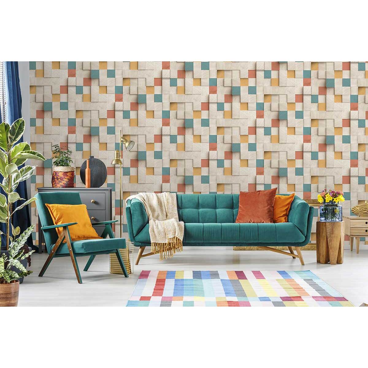 Papier peint cubes bois colorés design moderne