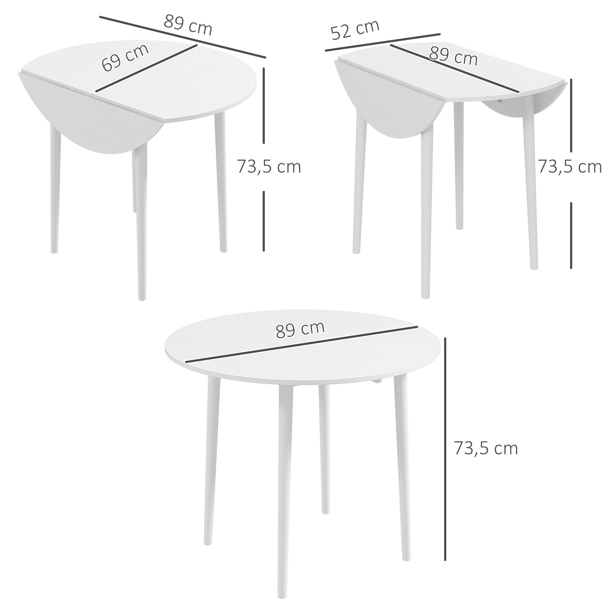 Table à manger ronde 4 personnes - table ronde extensible - table pliable 2 abattants - dia. 89 x 73H cm - bois blanc