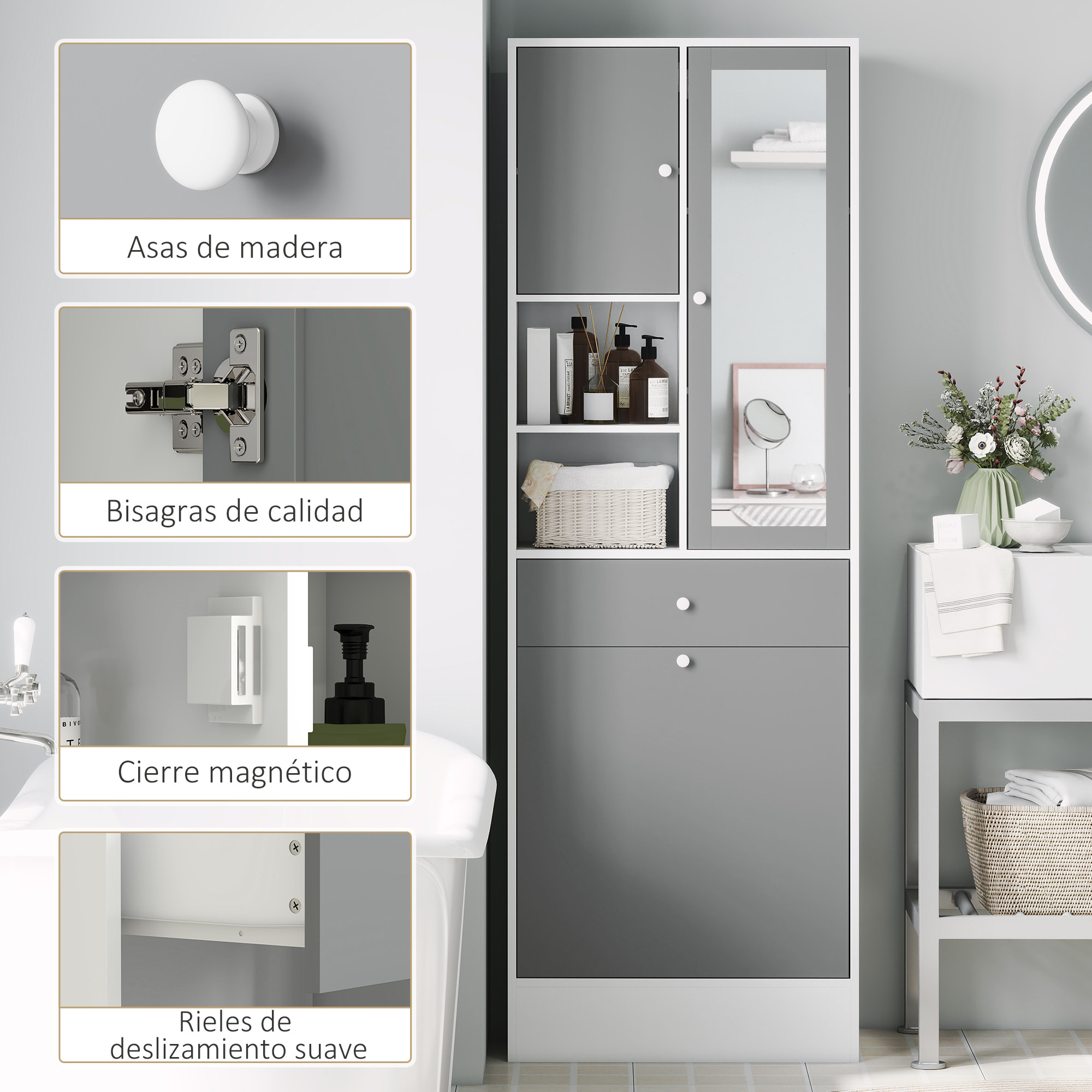 Armario de Baño con Cesto Ropa Sucia Armario Alto de Baño Estrecha con Espejo Cajón Compartimentos Abiertos y Estantes Ajustables 62x28,3x181 cm Blanco y Gris