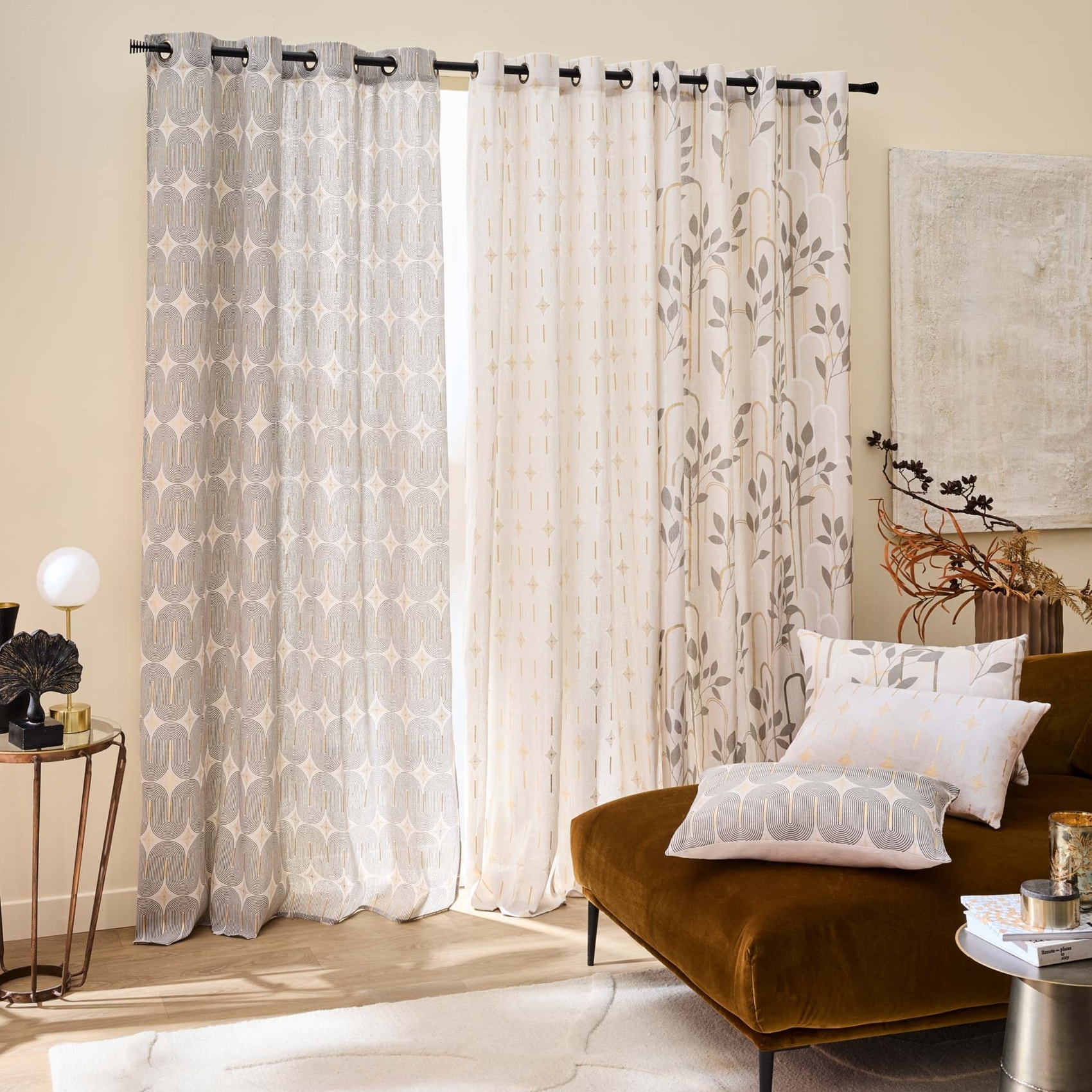 Rideau à œillets en polycoton avec motif métallisé - Noir