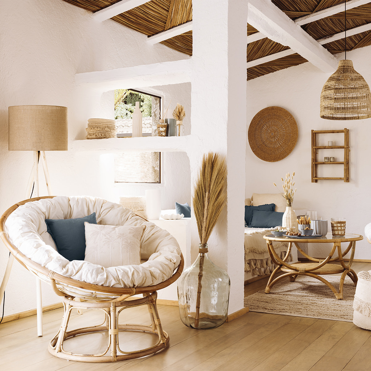 Fauteuil "Seram" rotin tissu beige