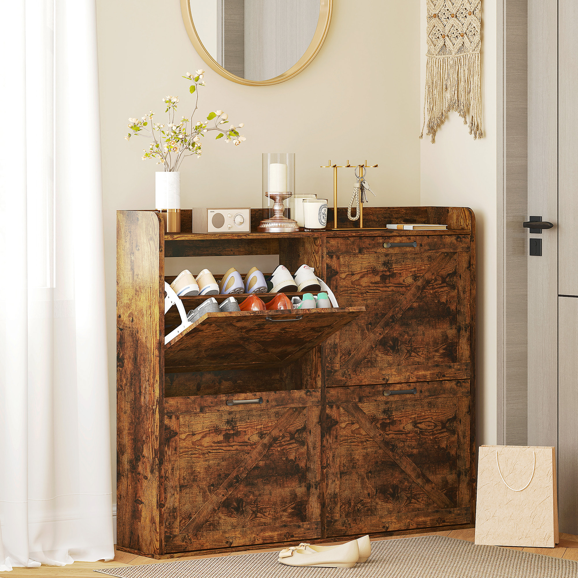 Mueble Zapatero de 4 Puertas Zapatero Estrecho con Estantes Ajustables Estilo Industrial para 24 Pares de Zapatos Mueble Auxiliar para Recibidor Entrada 120x24x103 cm Marrón Rústico