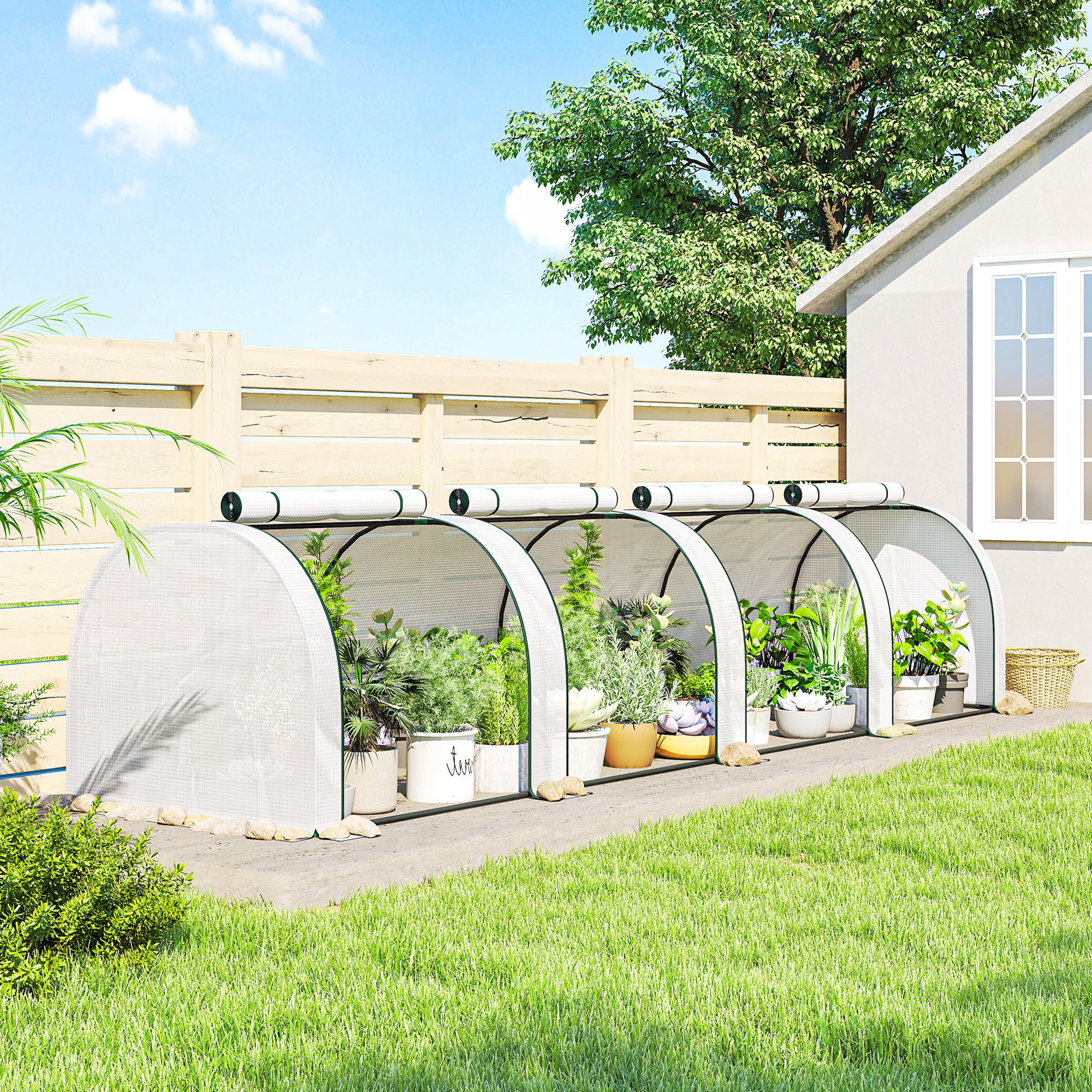 Serre tunnel jardin portes zippées bâche imperméable acier blanc