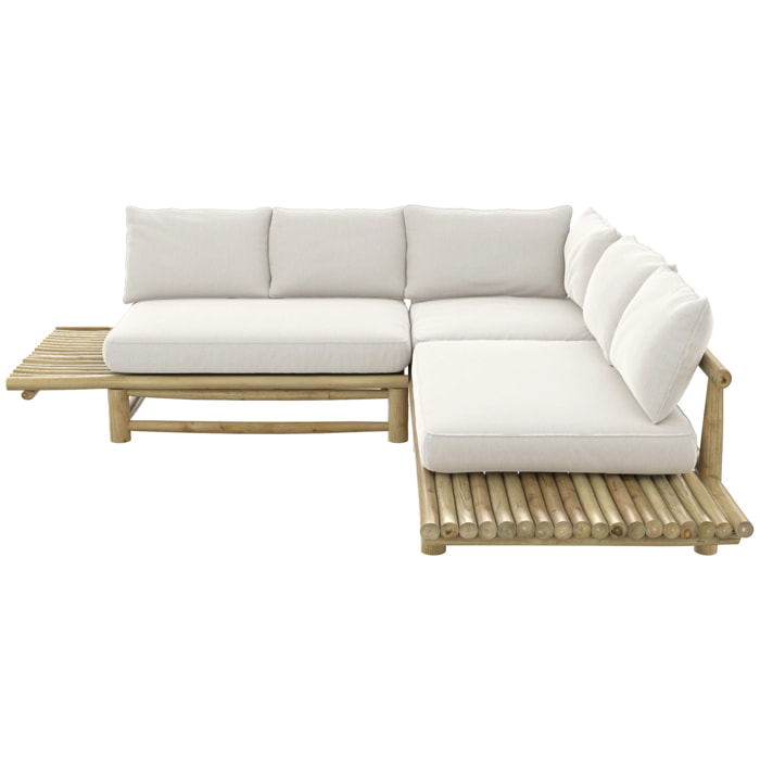Canapé d'angle de jardin 4 places en teck et coussins blancs - Sunny