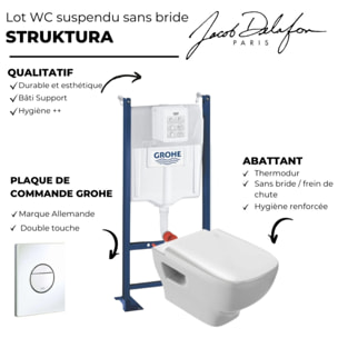 WC suspendu sans bride Jacob Delafon Struktura + abattant + Bâti support + Sail Plaque de commande WC rond blanc