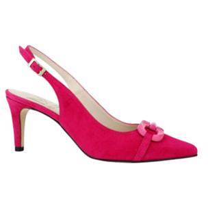 Salón destalonado en color rosa con adorno al tono. Tacón de 7 cm.