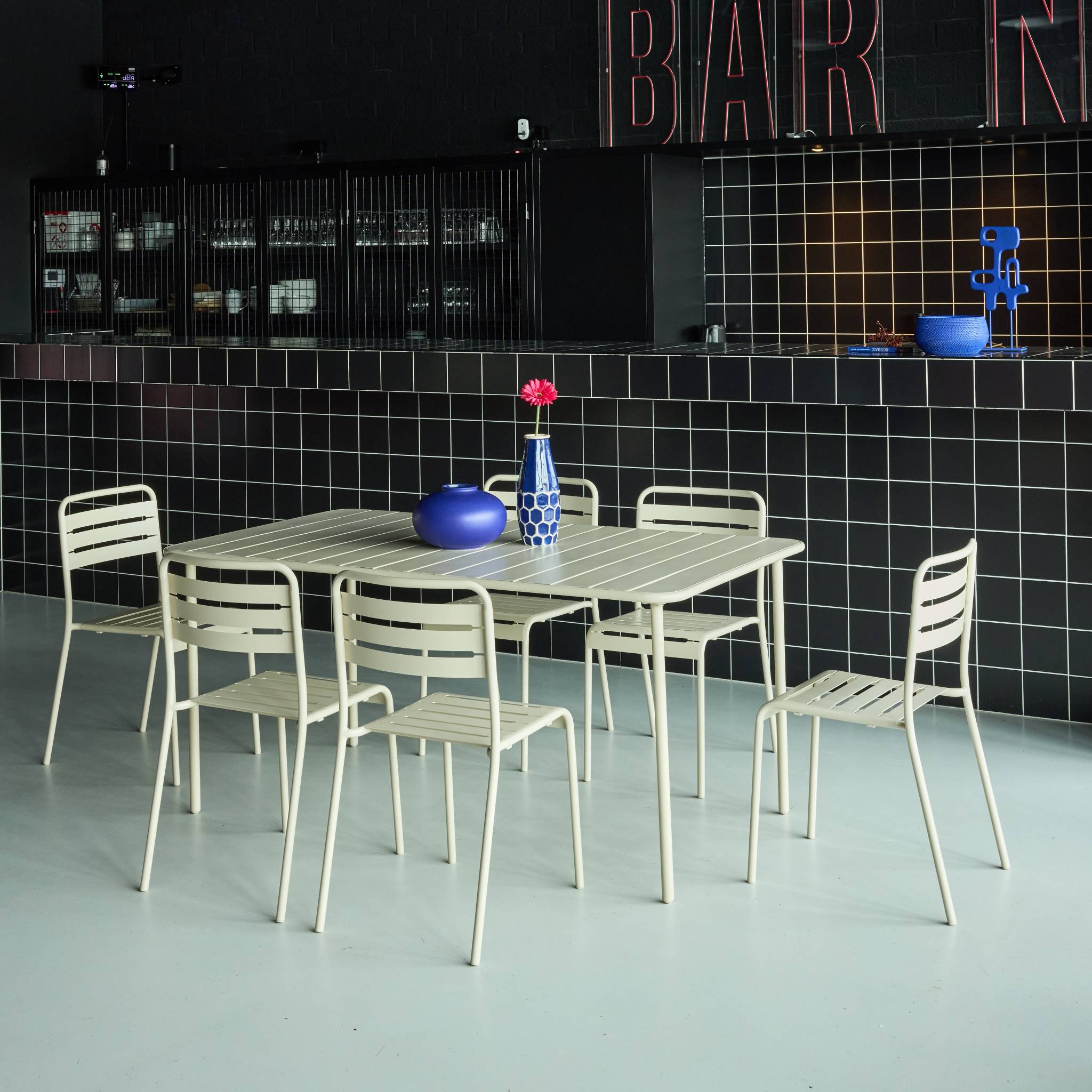 Table de jardin métal + 6 assises beige Amélia