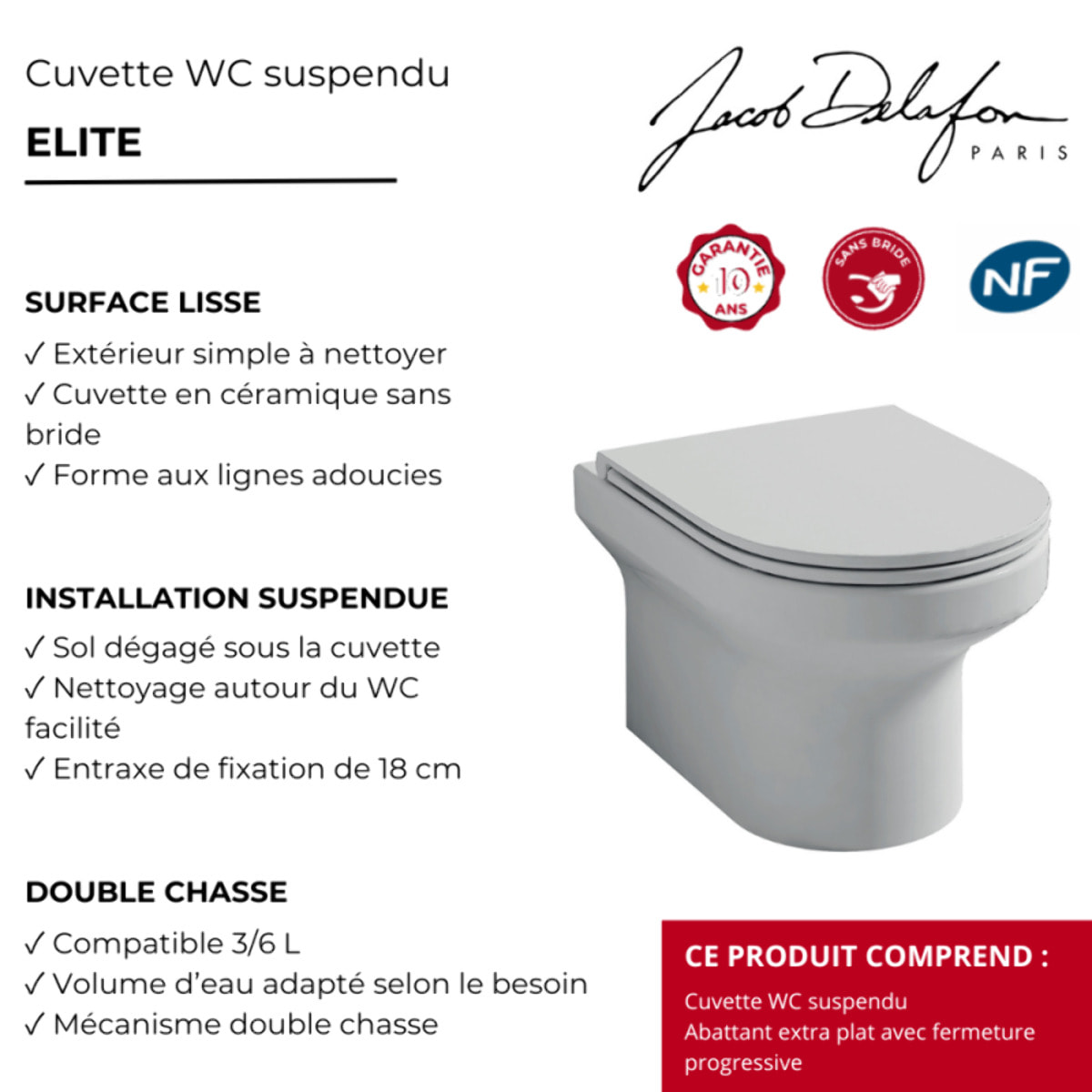Cuvette WC suspendu sans bride Elite avec abattant frein de chute extra-plat déclipsable