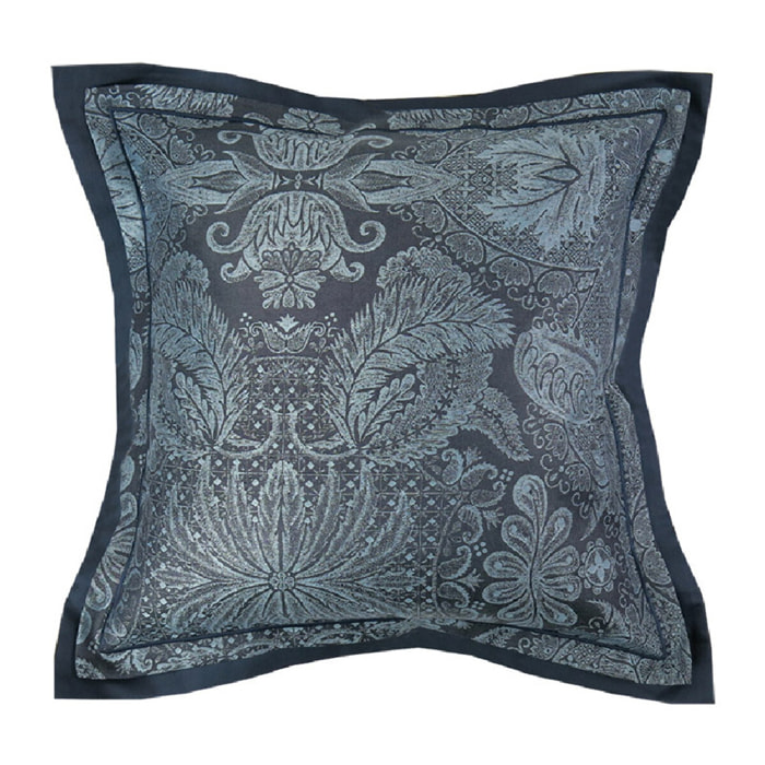 Taie d'oreiller satin de coton motif jacquard bleu Isaphire diamant noir