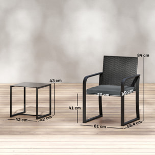 Conjunto de Jardín Exterior de 3 Piezas, Muebles Jardín Exterior de Ratán con 2 Sillas con Cojines, Tela Textilene y Mesa de Vidrio Templado, Resistente a Intemperie, para Balcón, Patio, Gris