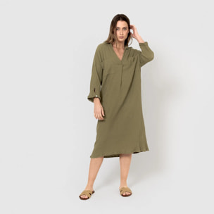 Vestido midi algodón lino verde cacería