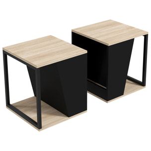 Lot de 2 tables basses bouts de canapé guéridons design acier noir panneaux noir aspect chêne clair