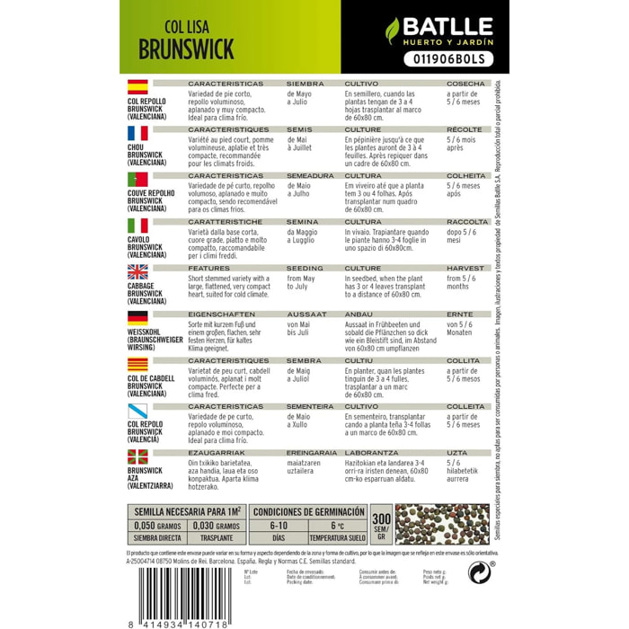 Semillas de Col repollo Brunswick (Valenciana) Batlle