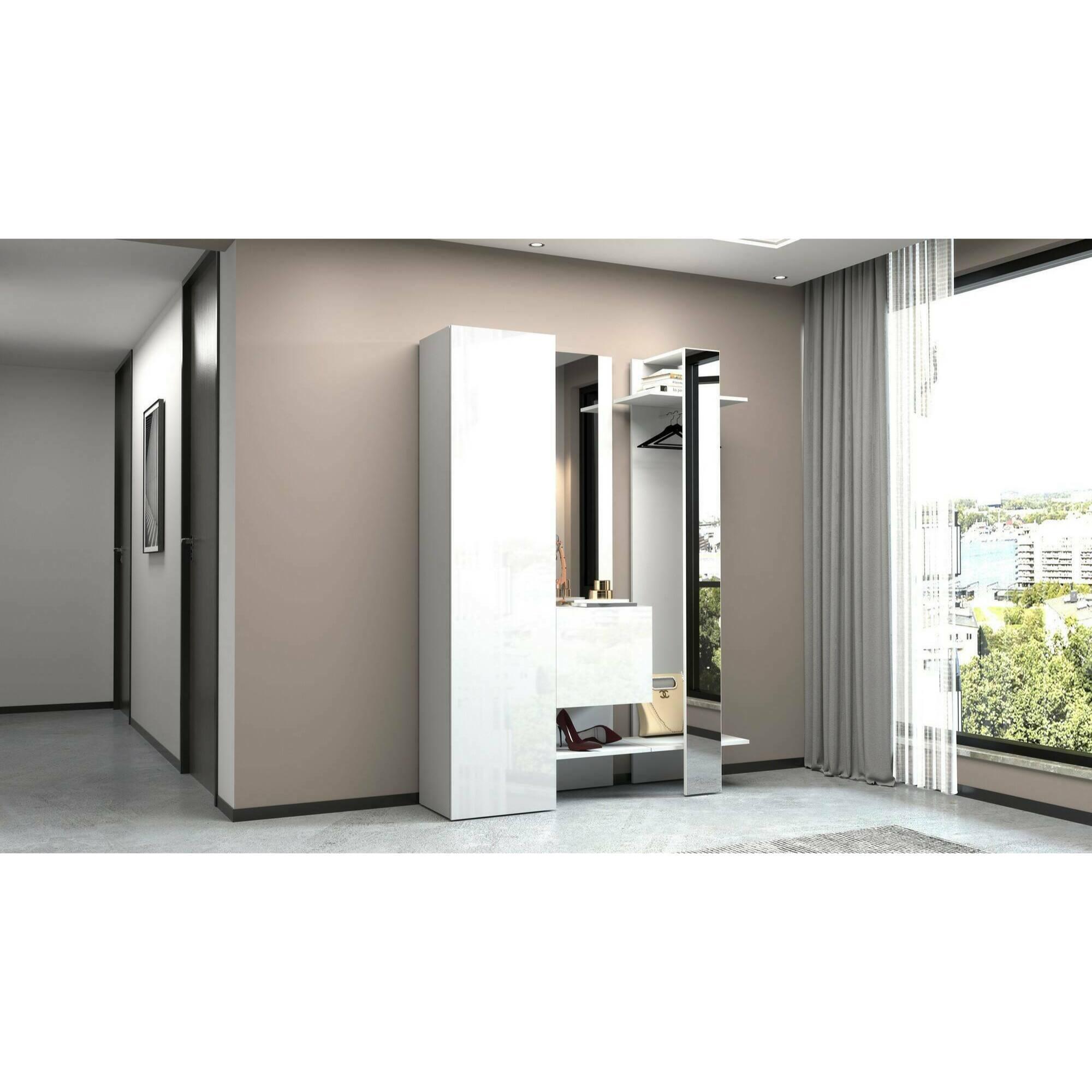 Mobile da ingresso Dcriscion, Armadietto multifunzione a 2 ante, Appendiabiti da parete con 2 specchi, 140x35h190 cm, Bianco