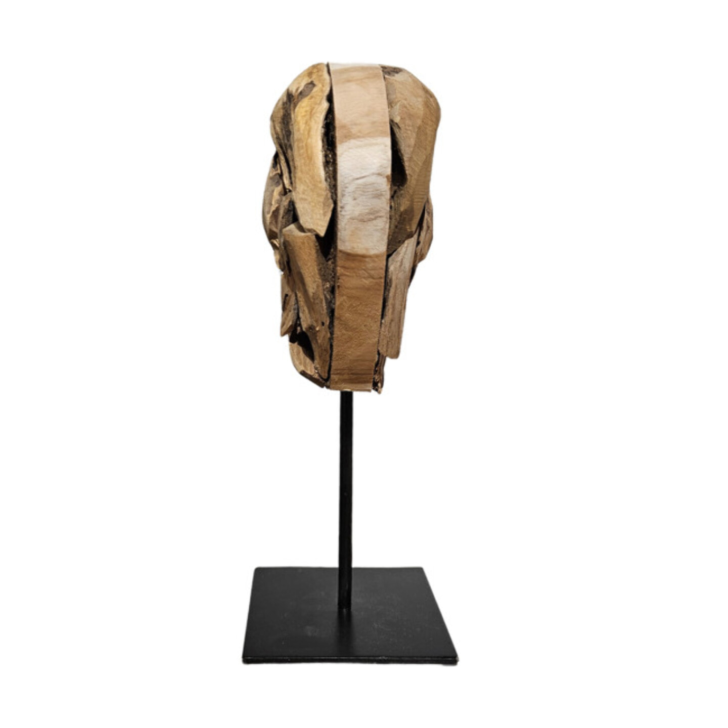 Sculpture artisanale cœur bois de teck massif, H 28 cm, socle métal noir - BAKOU
