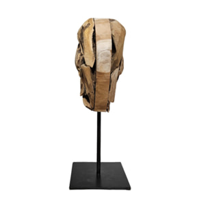 Sculpture artisanale cœur bois de teck massif, H 28 cm, socle métal noir - BAKOU