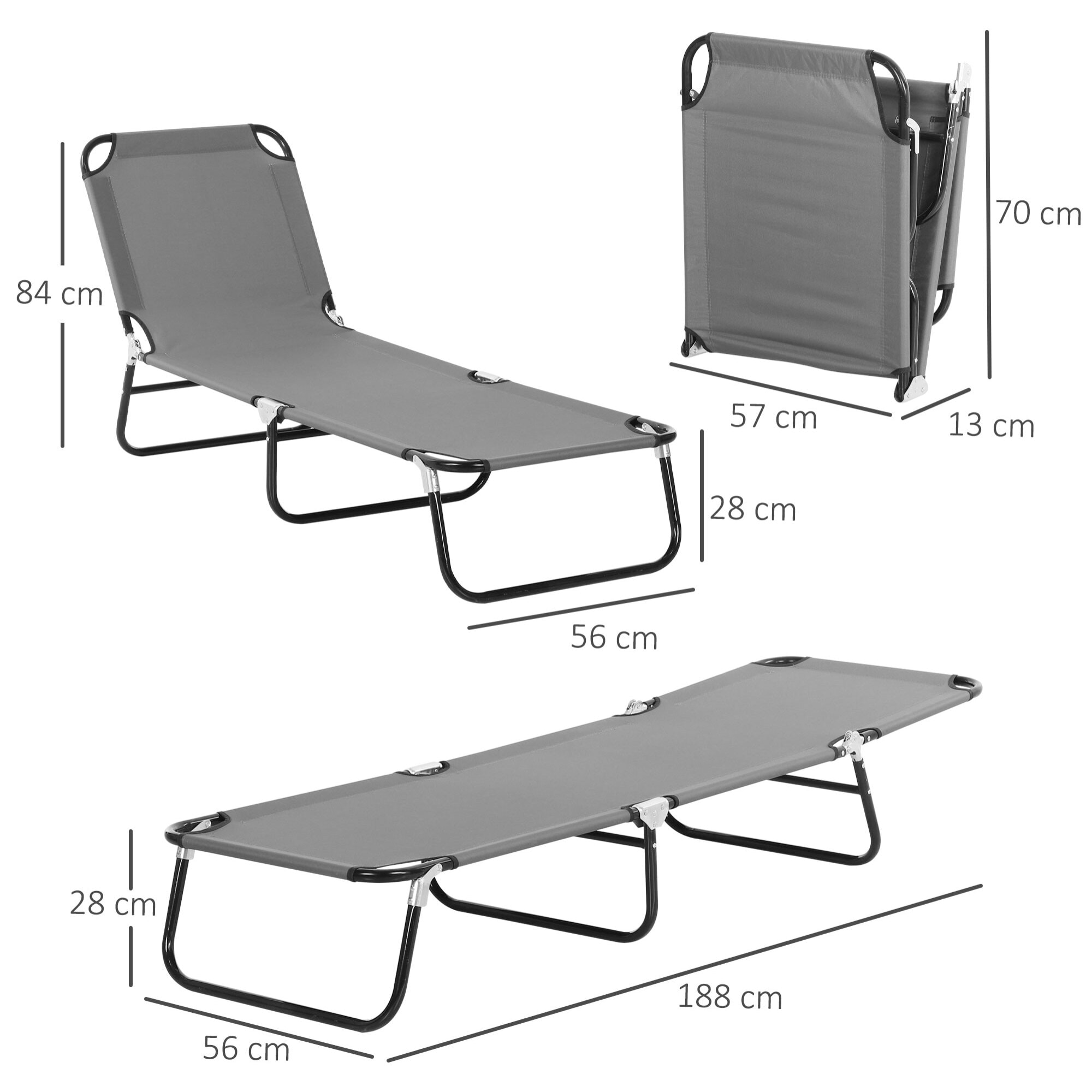 Tumbona Plegable Reclinable con Ángulo Ajustable de 5 Posiciones para Jardín Exterior Piscina Terraza Camping Carga 120 kg 188x56x28 cm Gris