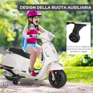 HOMCOM Moto Elettrica per Bambini Design Vespa, Batteria 6V con Suoni e Luci, Età 3-6 Anni, Bianco