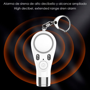 Allarme SOS personale con luce LED brillante, segnale rosso/blu e suono di 130±5 dB. Batteria ricaricabile.