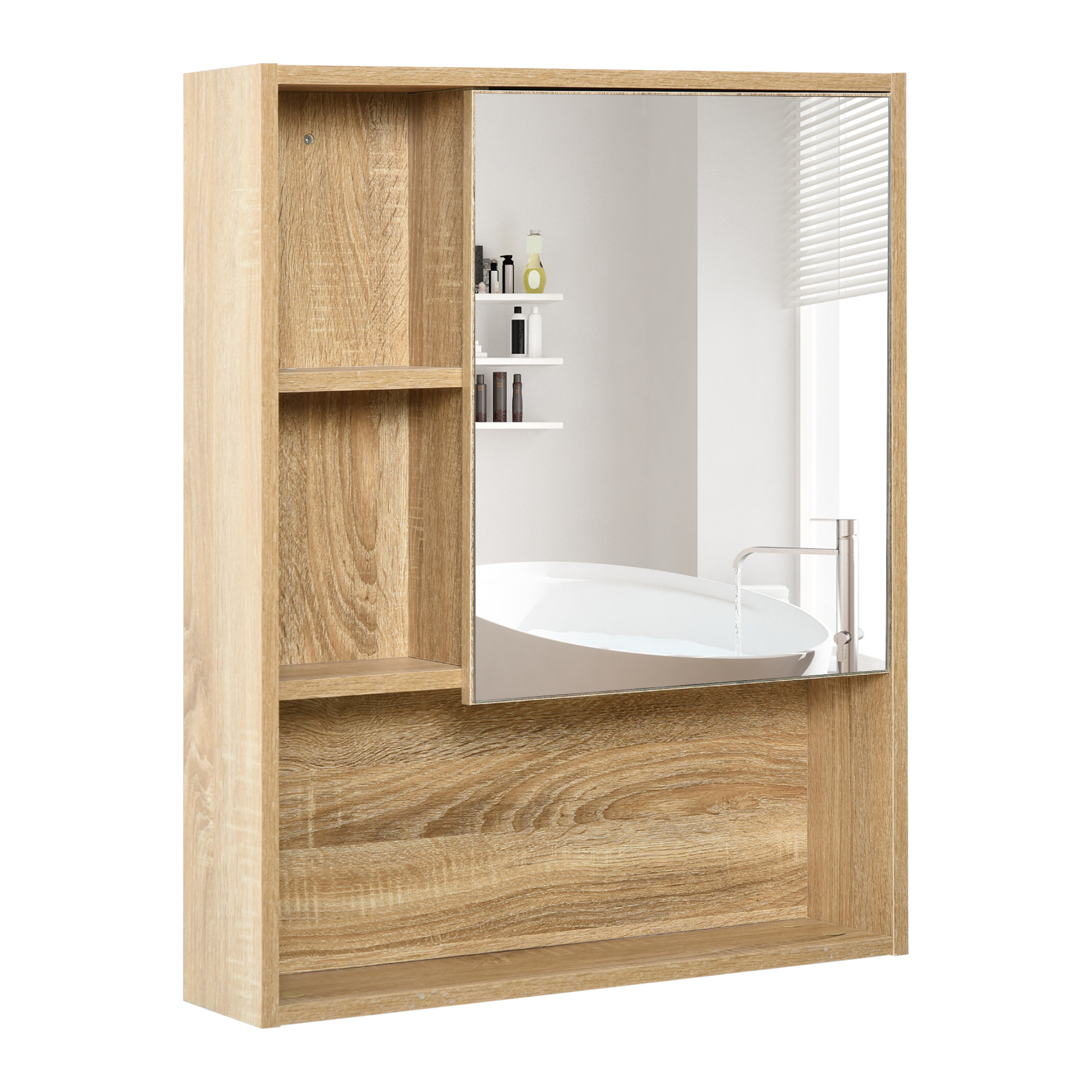 Armoire murale de rangement salle de bain avec porte miroir couleur bois de chêne dim. 60L x 15l x H76 cm