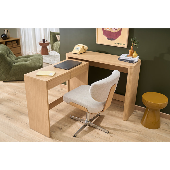 Chaise de bureau en tissu effet velours texturé beige et bois clair chêne HANZ