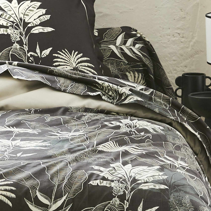 Housse de couette en satin aux feuilles tropicales - Gris anthracite