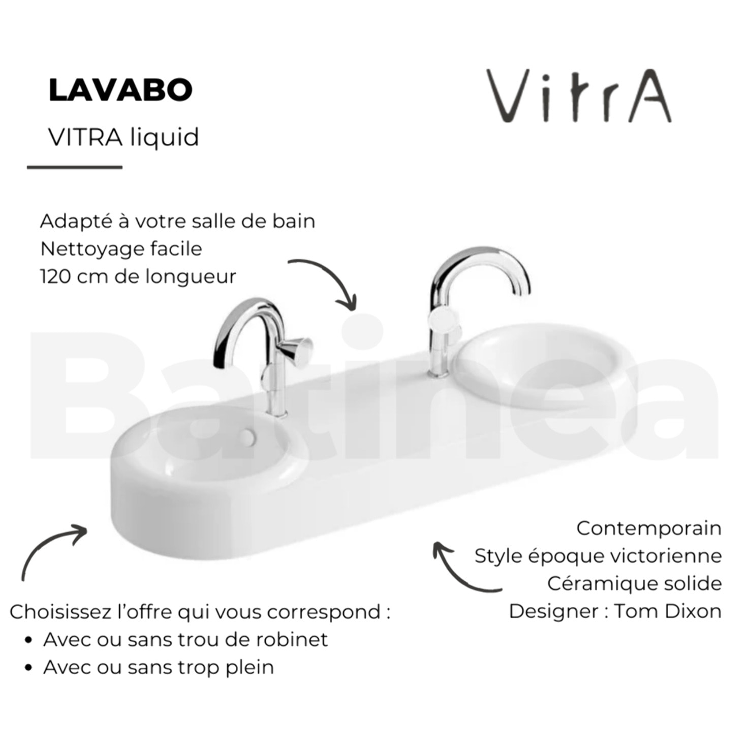 Double lavabo VITRA Liquid 120 cm sans trou et sans trop-plein