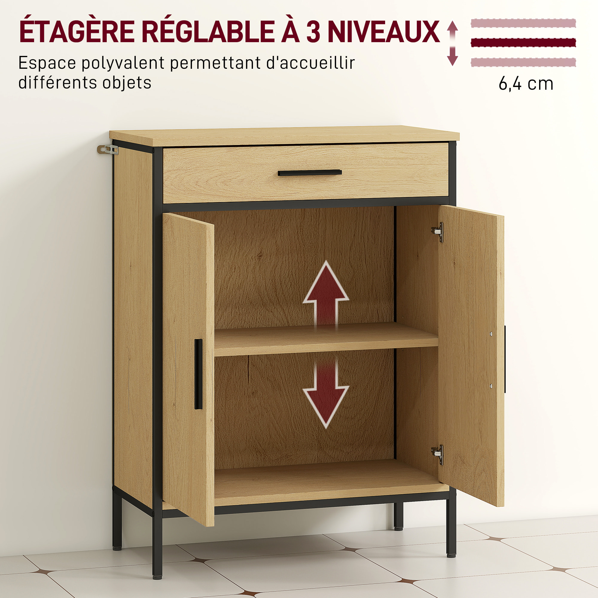Meuble bas de salle de bain métal bois style industriel - buffet 2 portes étagère tiroir - dim. 60 x 30 x 80 cm