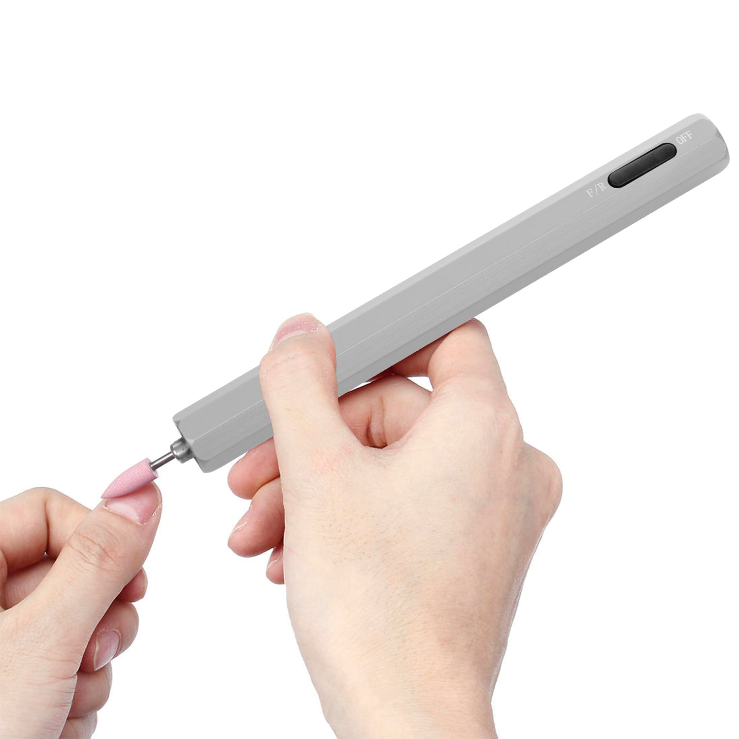 Mini lucidatrice per unghie. Corpo in metallo, luce LED, selettore della direzione di rotazione. Batteria ricaricabile.