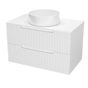 Meuble de Salle de Bains LEON 80cm Blanc Neige - 2 Tiroirs en MDF Ondules - Vasque Ronde 36cm