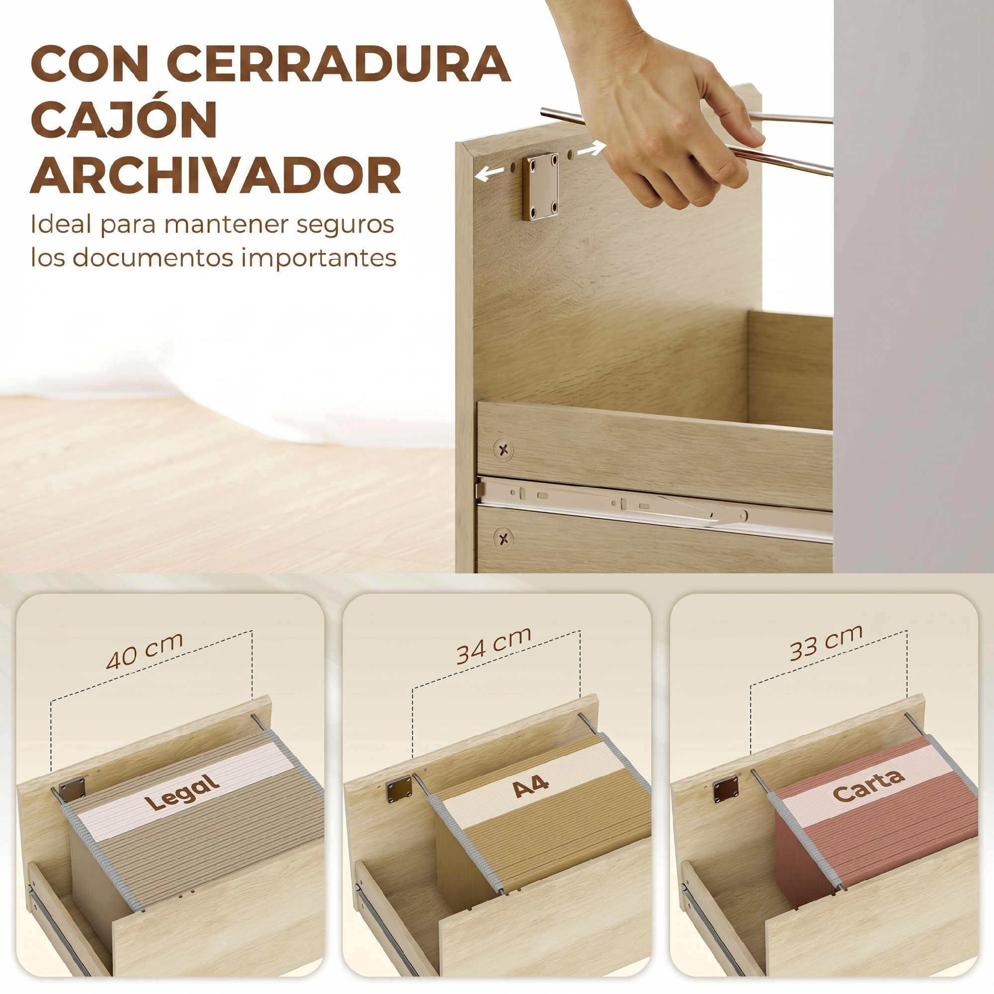Escritorio, Mesa de Oficina con 4 Estantes y Cajón Archivador A4 con Cerradura y 2 Llaves, Mesa de Ordenador Moderna para Espacios Pequeños, Oficina en Casa, Roble