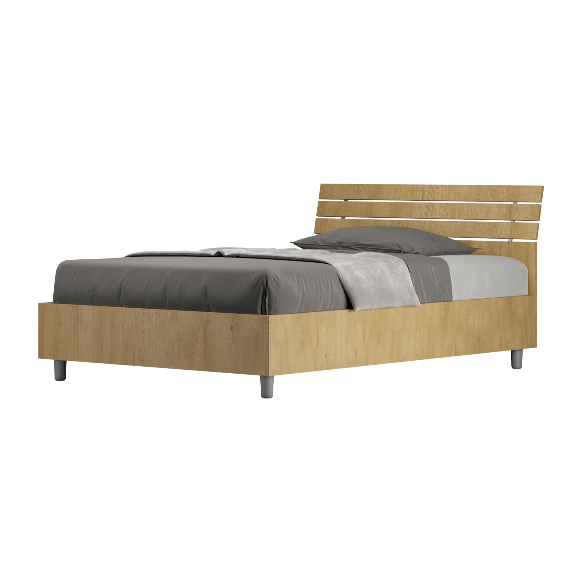 Cama sin somier 120x190 con cabecera inclinada de listones roble natural Ankel