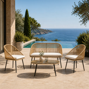 Salon de jardin 4 places avec table basse effet rotin naturel HELLO